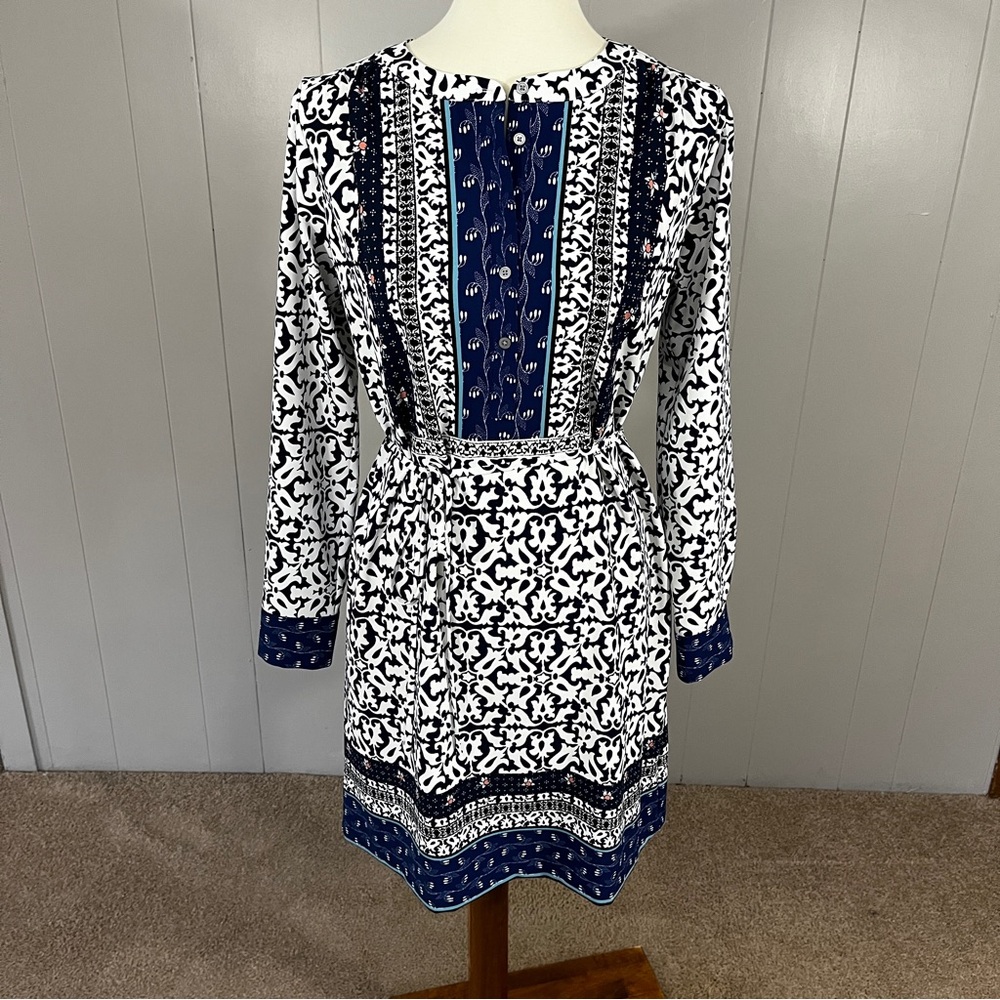 LOFT White and Blue Sheath Dress with Bishop Sleeves